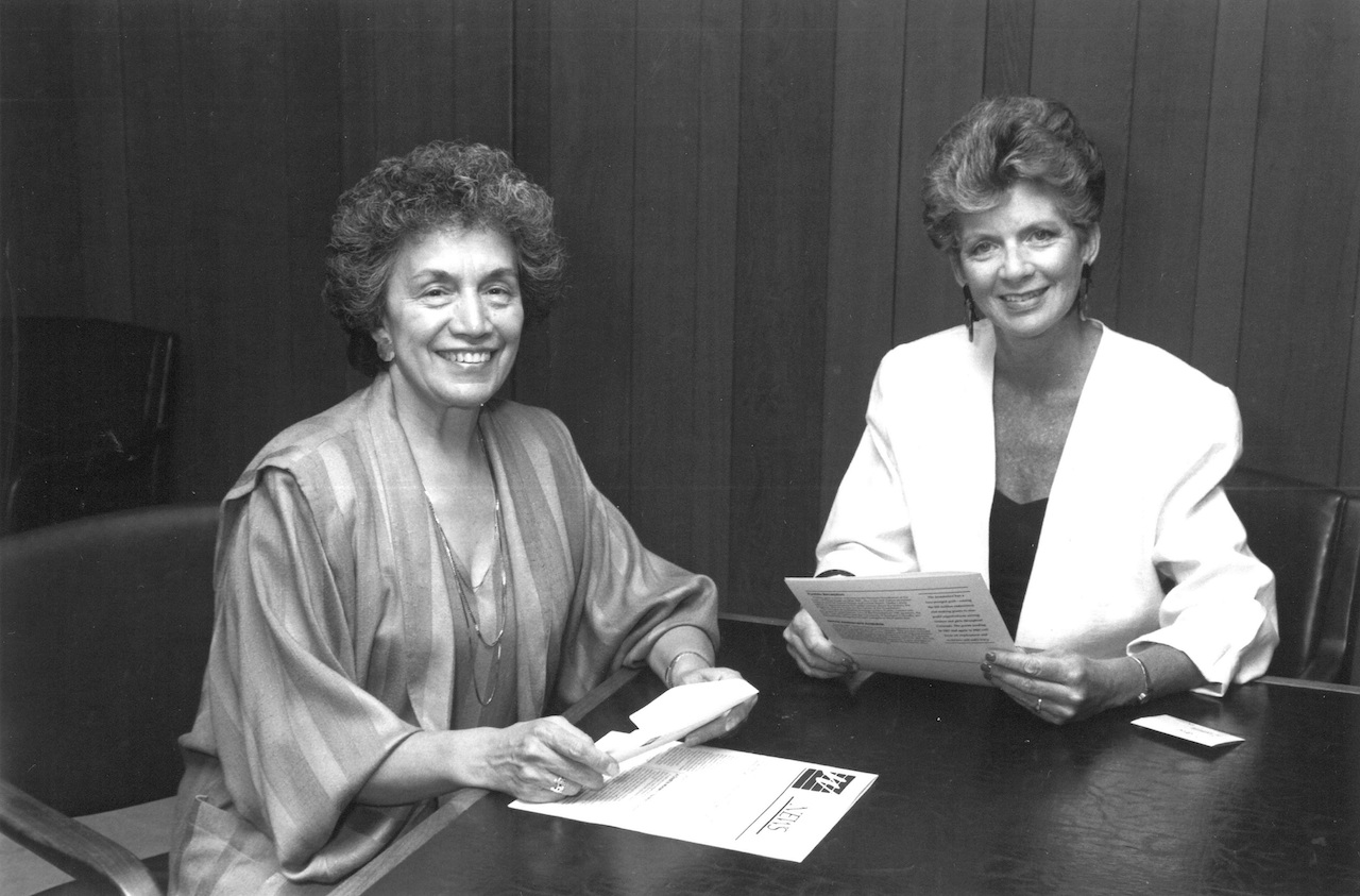 Anna Jo Haynes and Dottie Lamm read The Women’s Foundation of Colorado's first newsletter
