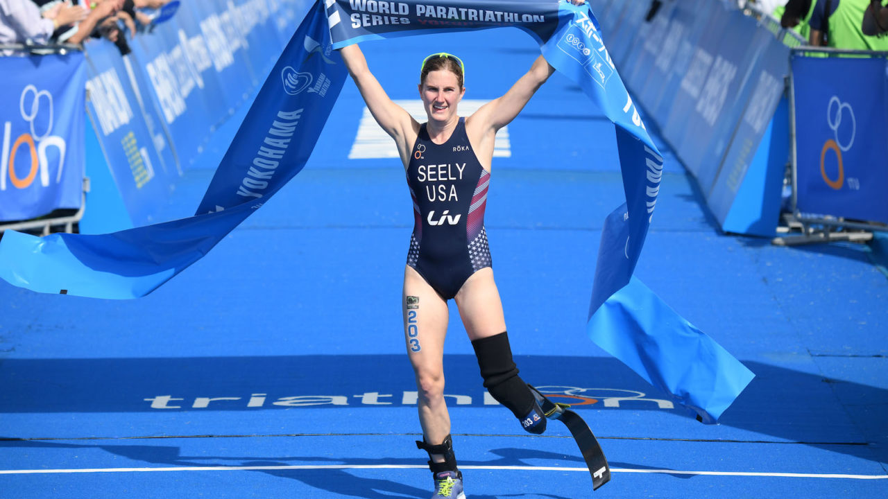 Parlympian Alyssa Seely crossing the finish line