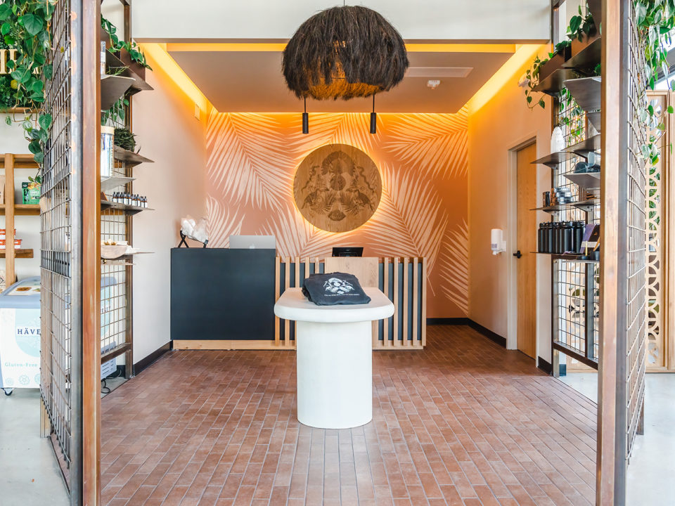 Gold illuminated check-in area