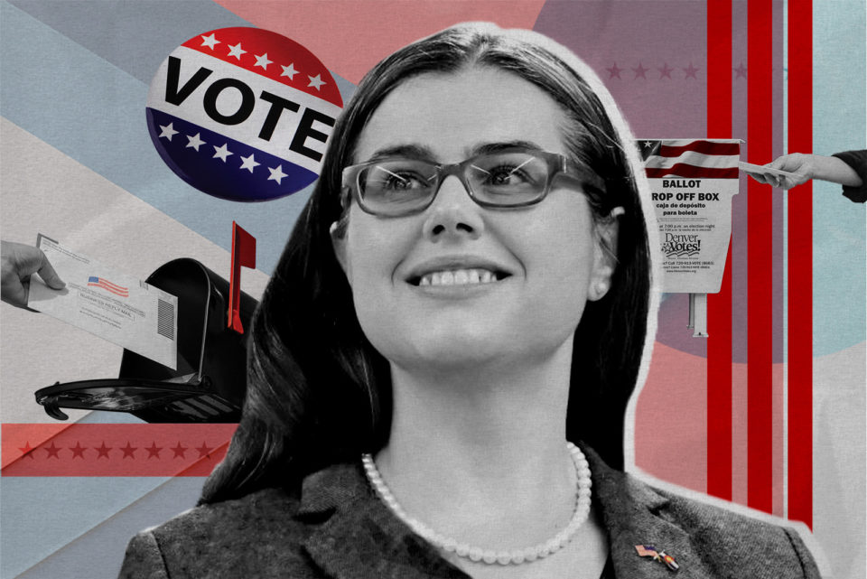 A photo illustration of Jena Griswold smiling, surrounded by "vote" stickers and ballots