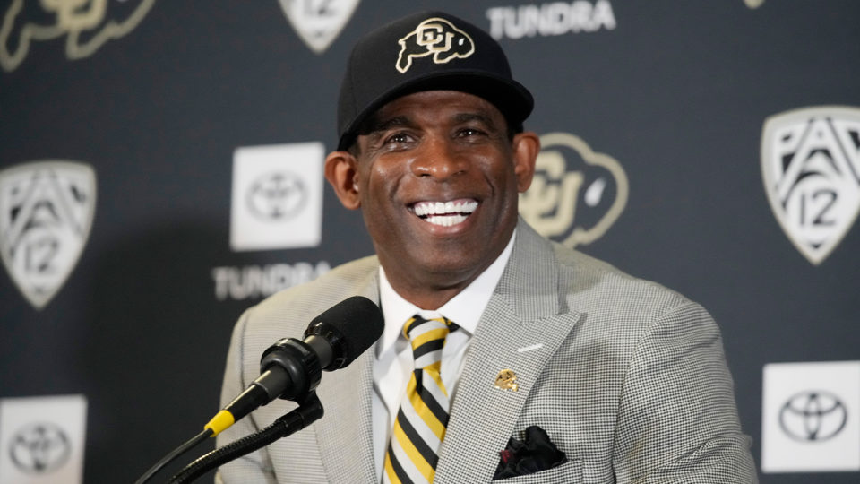 Deion Sanders speaks after being introduced as the new head football coach at the University of Colorado during a news conference Sunday, Dec. 4, 2022, in Boulder, Colo. Sanders left Jackson State University after three seasons at the helm of the school's football team.