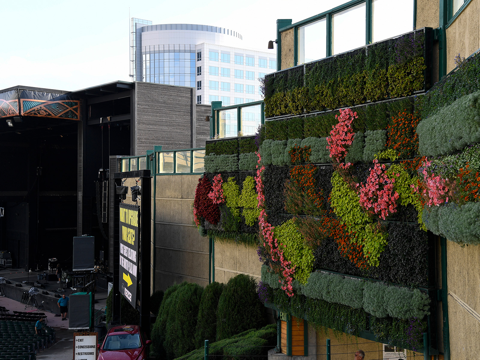 Wall covered in plants in an outdoor amphitheater