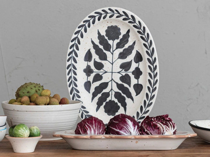 Stoneware platter stands on a table