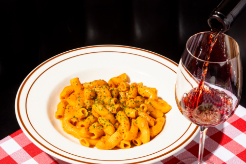 spicy rigatoni alla vodka in a bowl with a glass of red wine