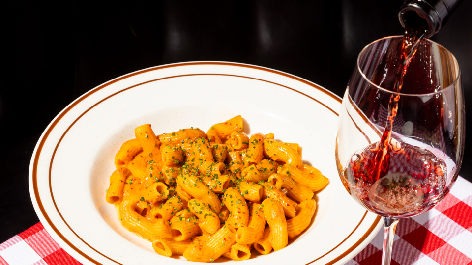 spicy rigatoni alla vodka in a bowl with a glass of red wine