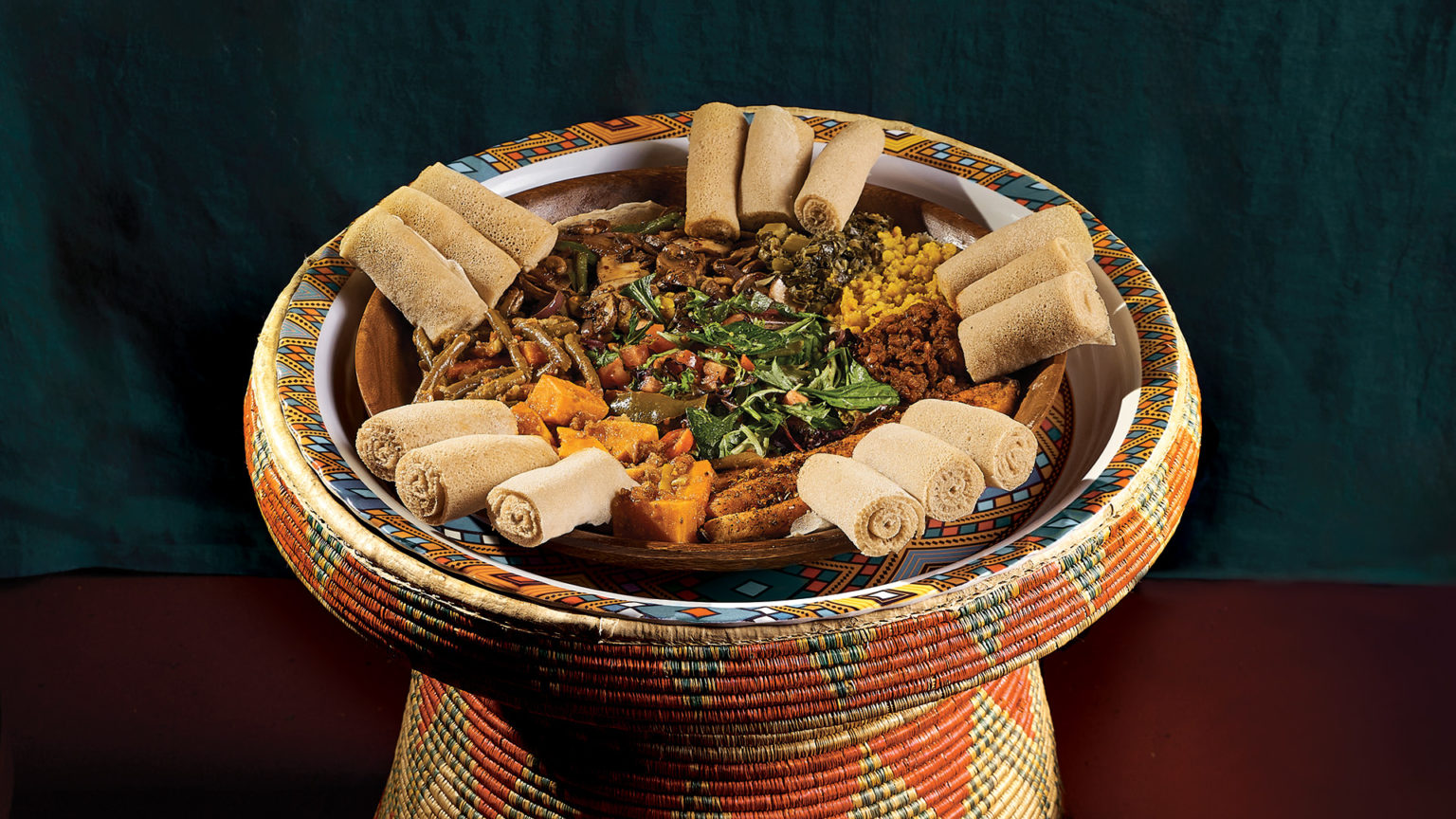 food on woven table
