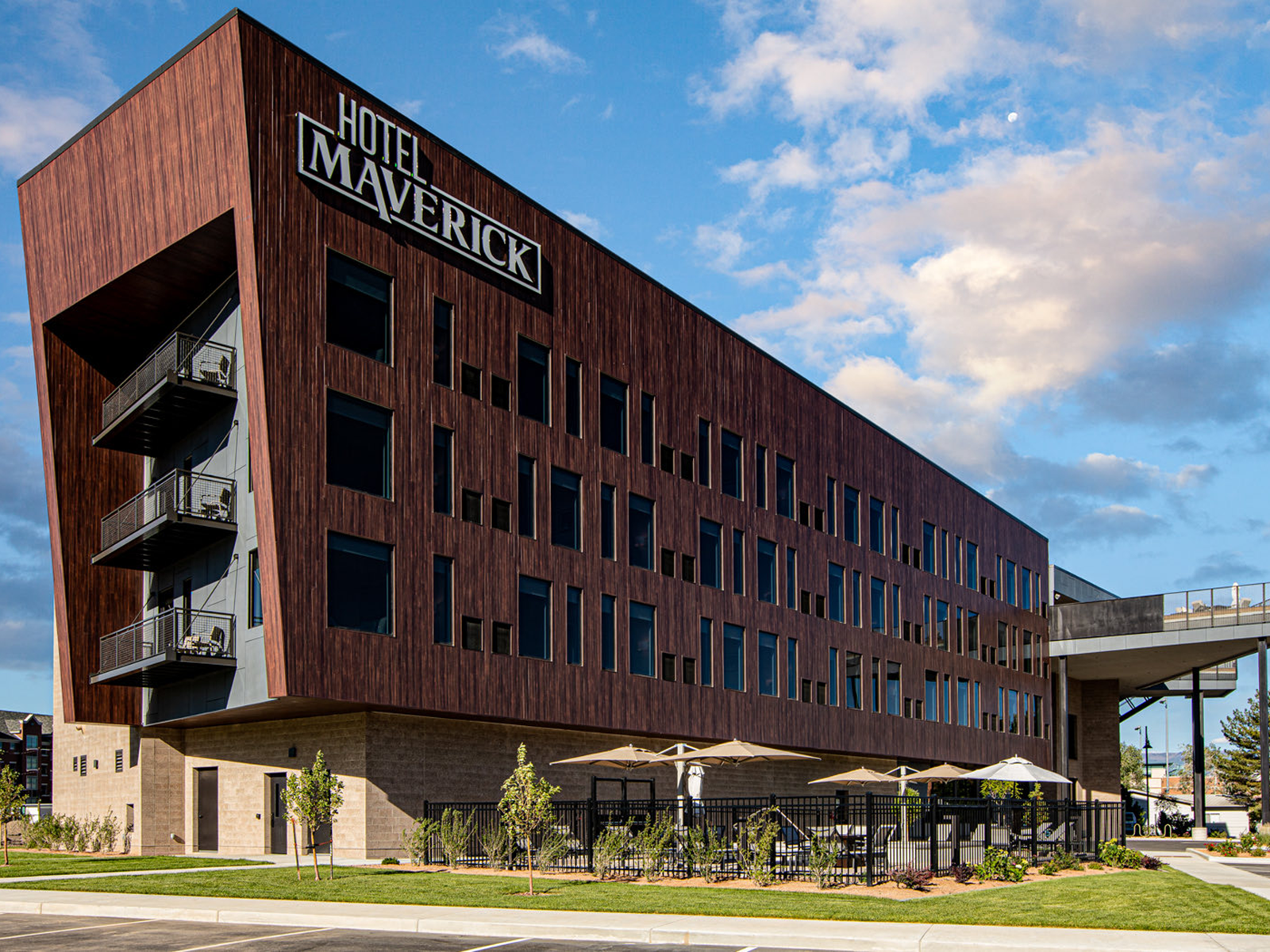 The modern, angular facade of Hotel Maverick