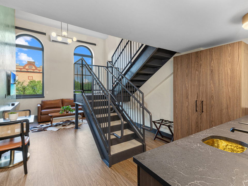 Metal staircase in a modern guest room