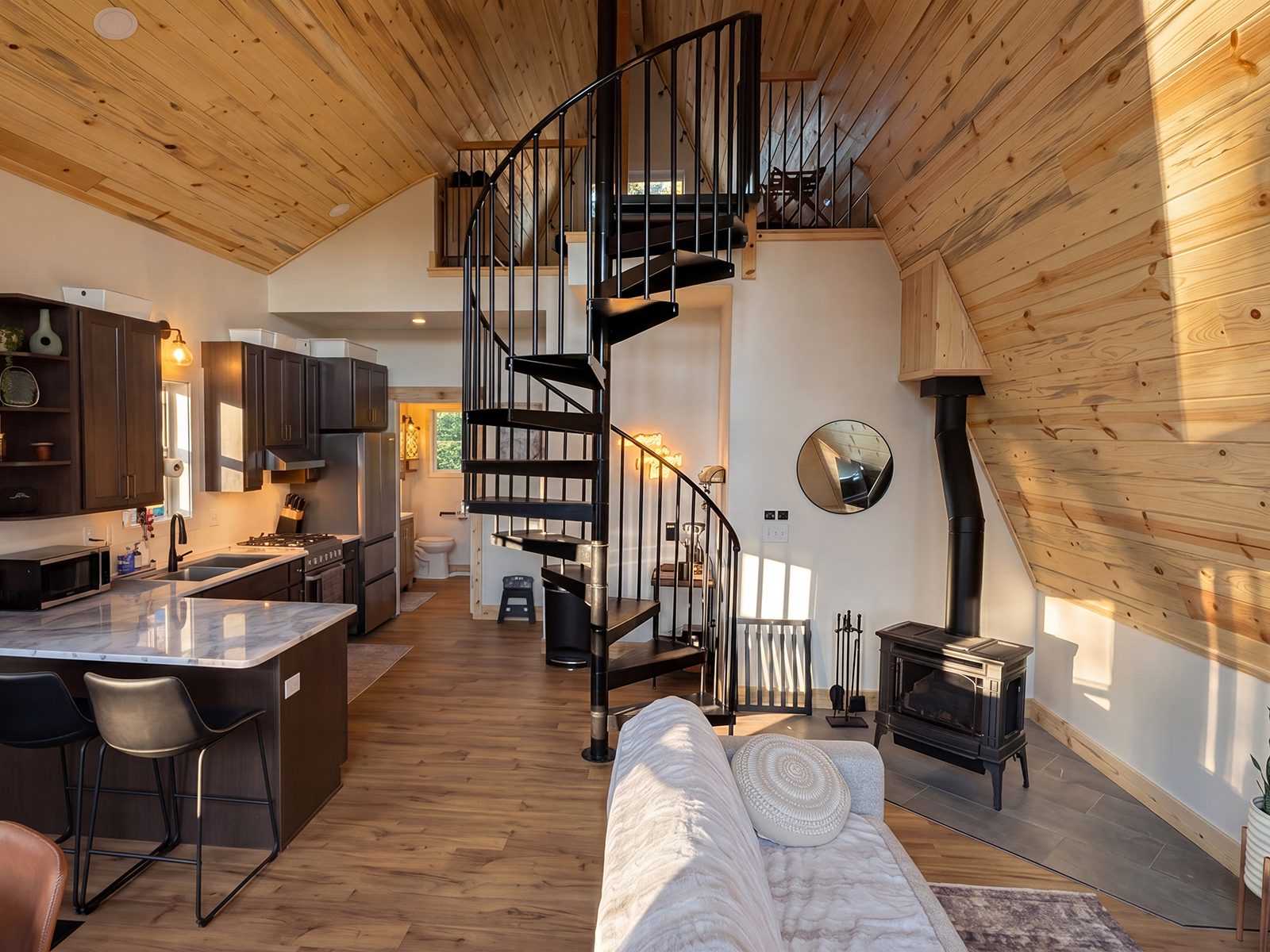 Spiral staircase in a mountain cabin