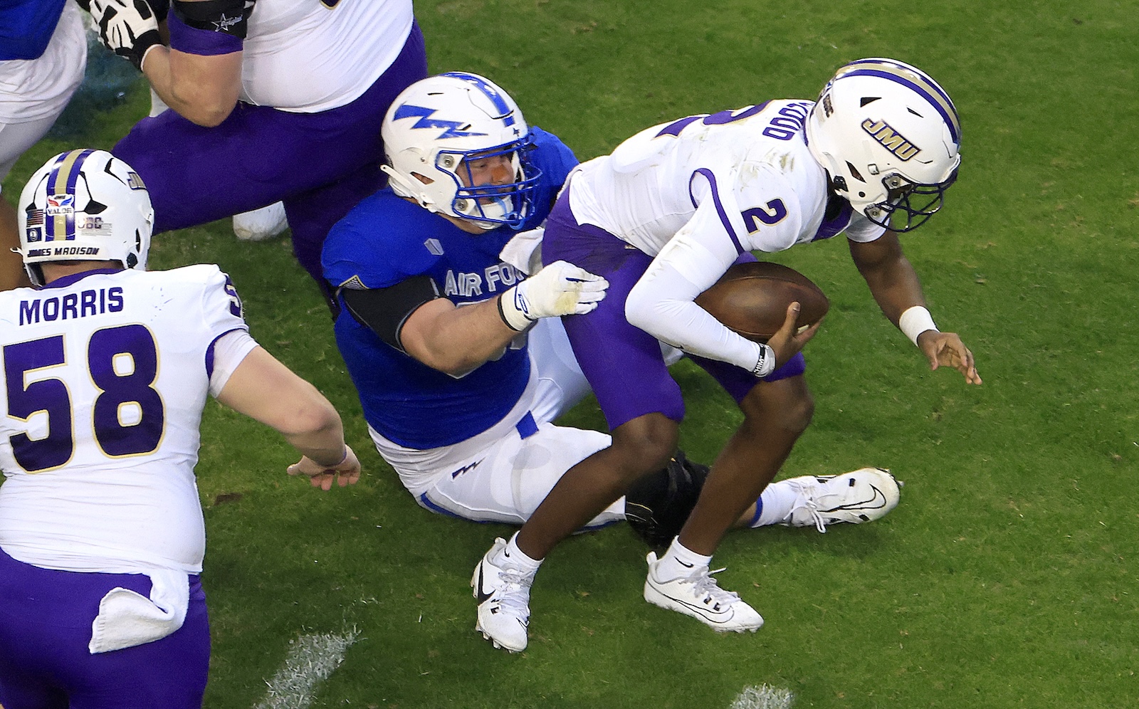 Defensive lineman Payton Zdroik sacks a James Madison quarterback