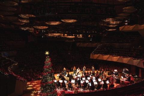 An orchestra performing near a Christmas tree