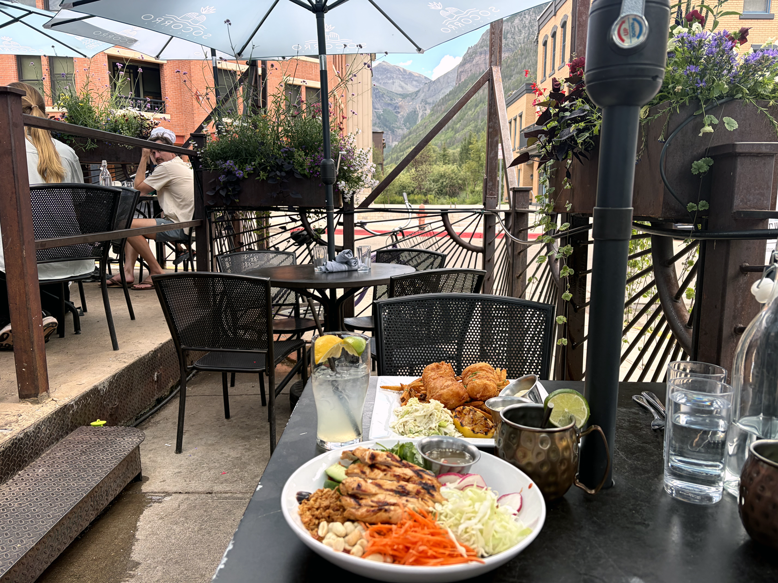 Thai salad and fish and chips on the patio 