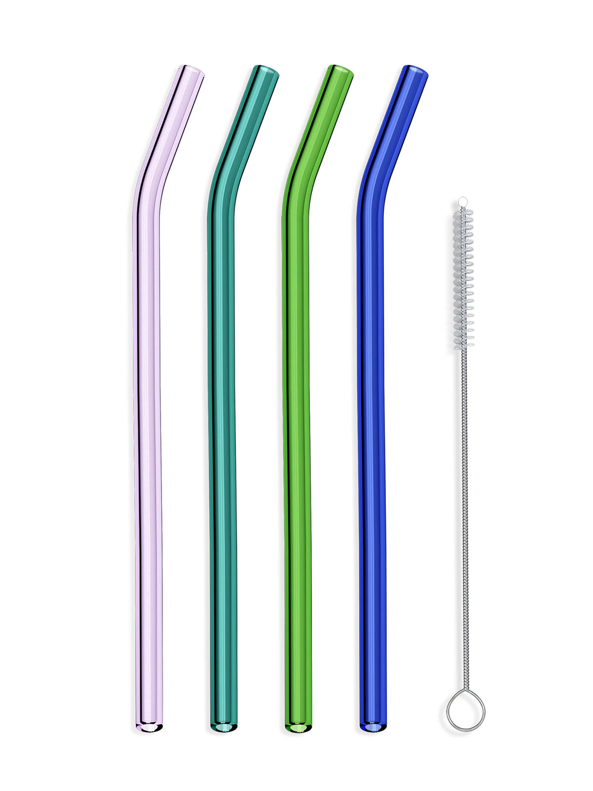 Four bent glass straws in purple, dark green, lime green, and blue, with a cleaning brush