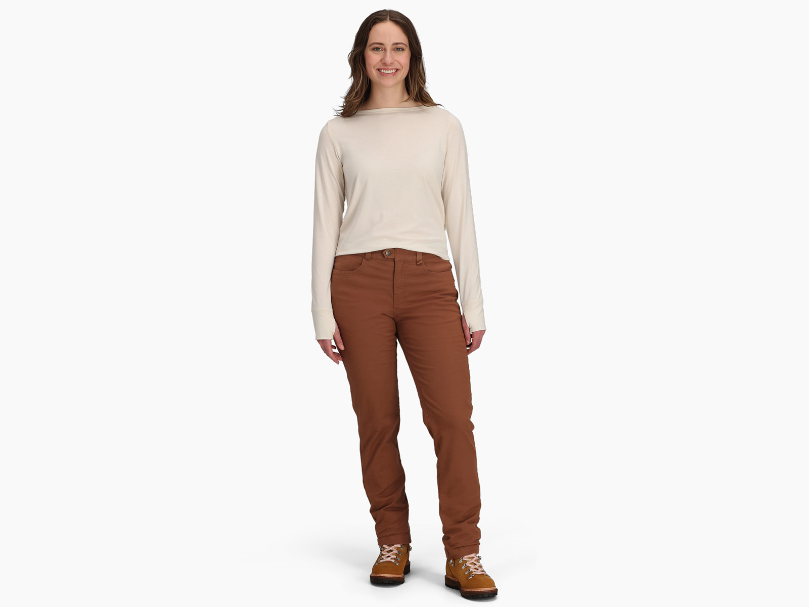 Woman wearing long brown pants