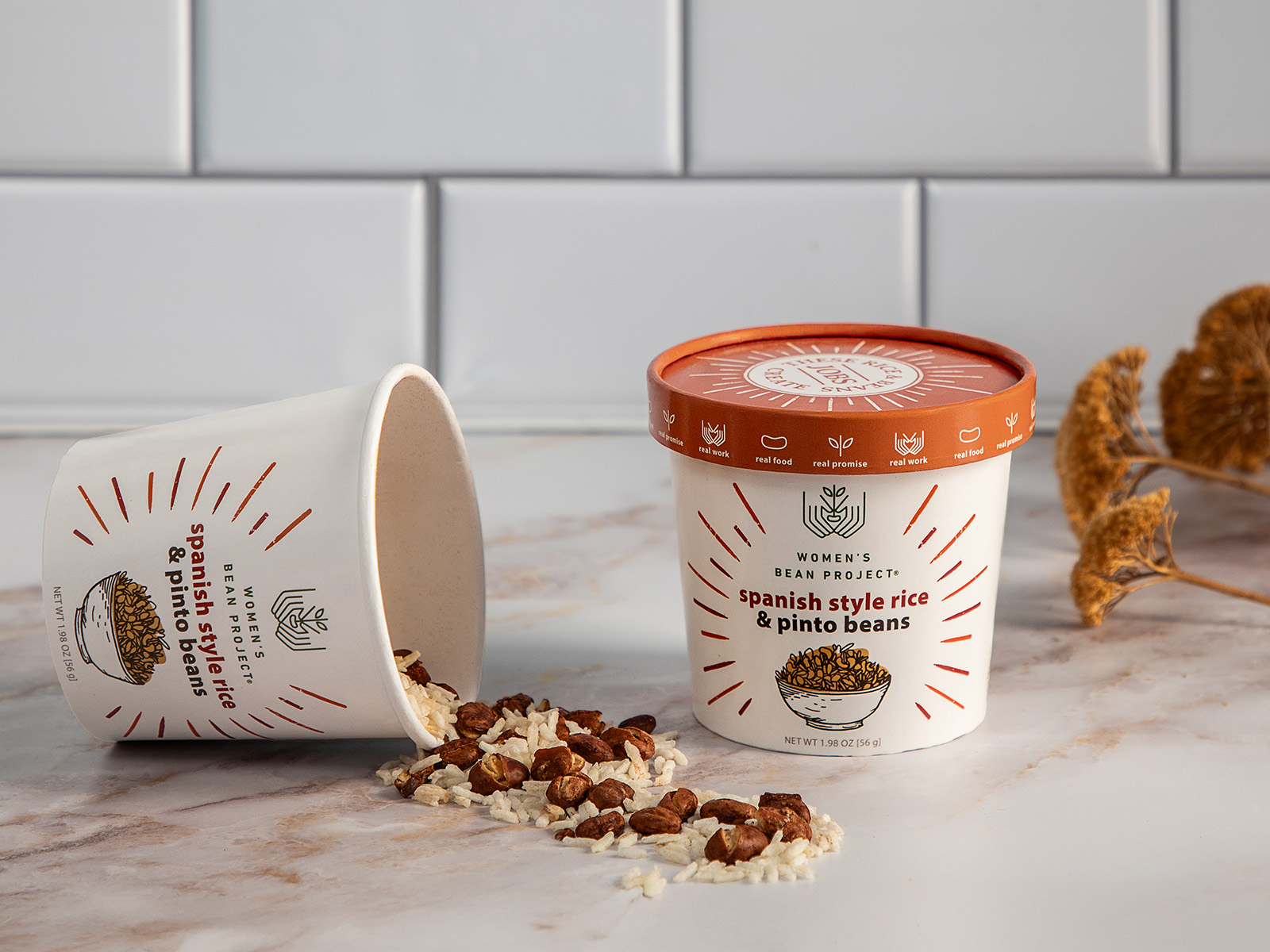 Container of microwave pinto beans and Spanish rice