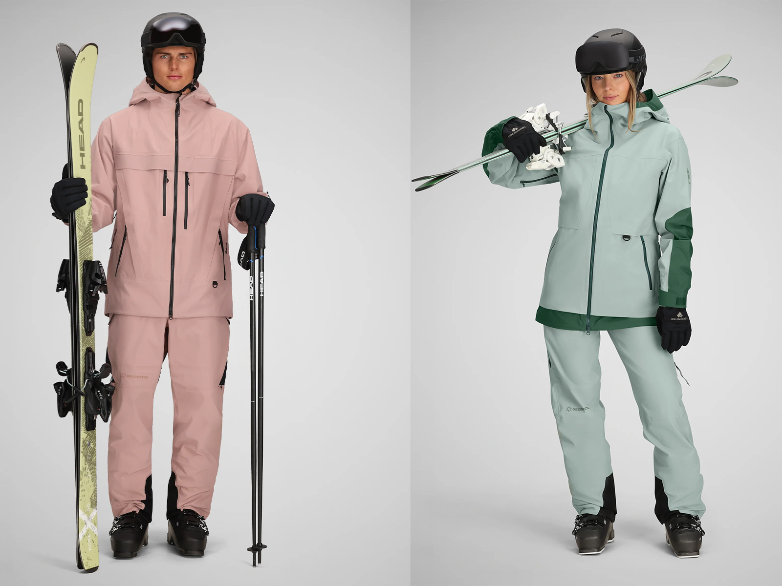 A man and woman wearing Obermeyer Steibis shells