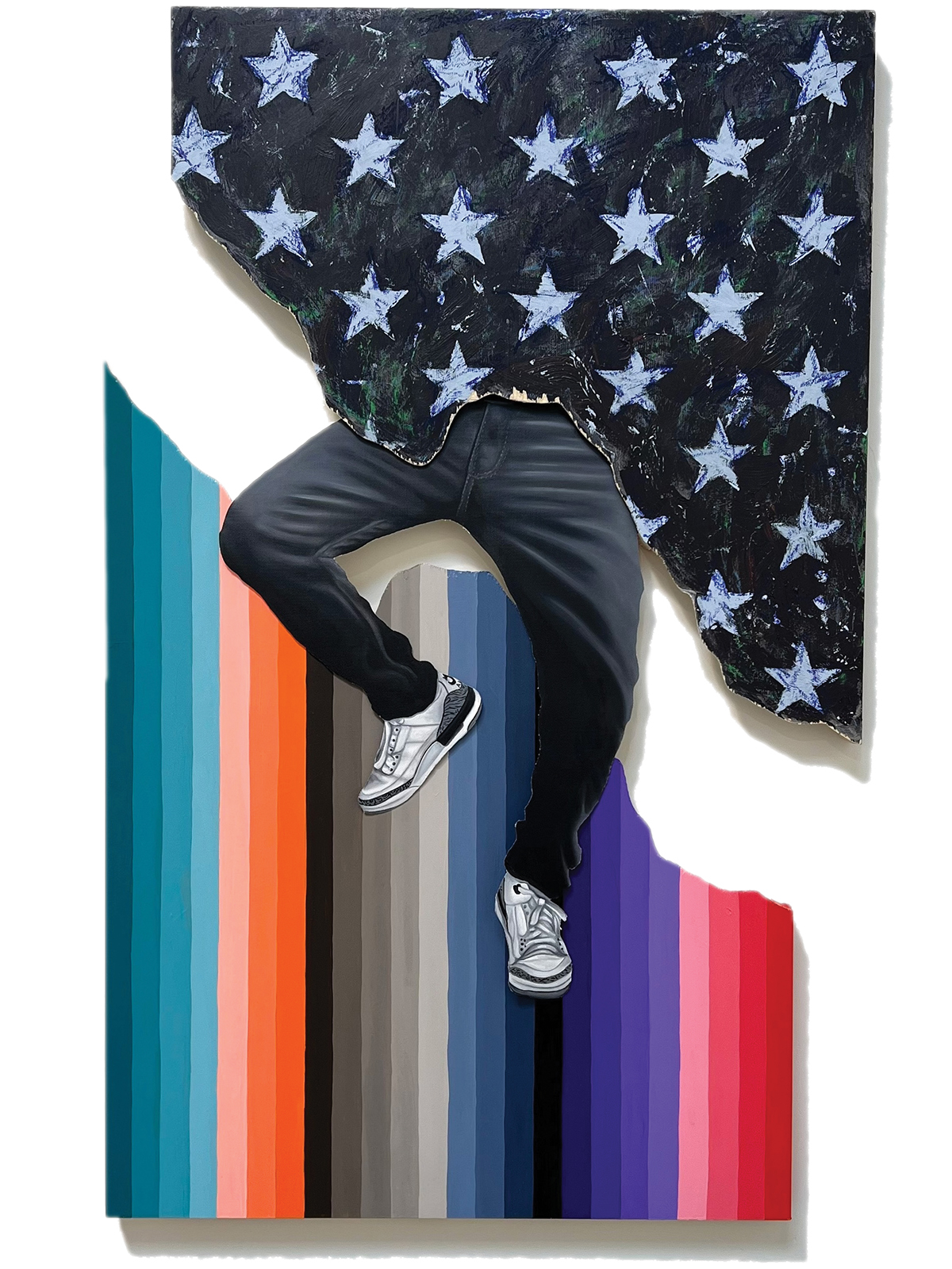 Legs dangling from a broken flag