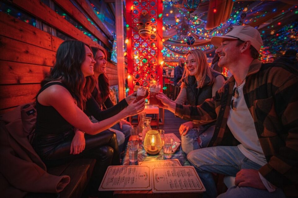 Several people raise a toast with cocktail glasses seated at a low table in a Christmas-themed bar.