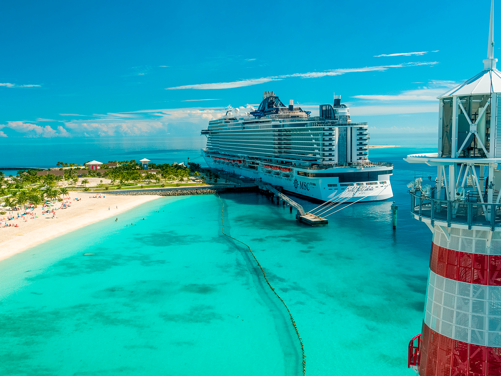 Cruise ship docked on an island