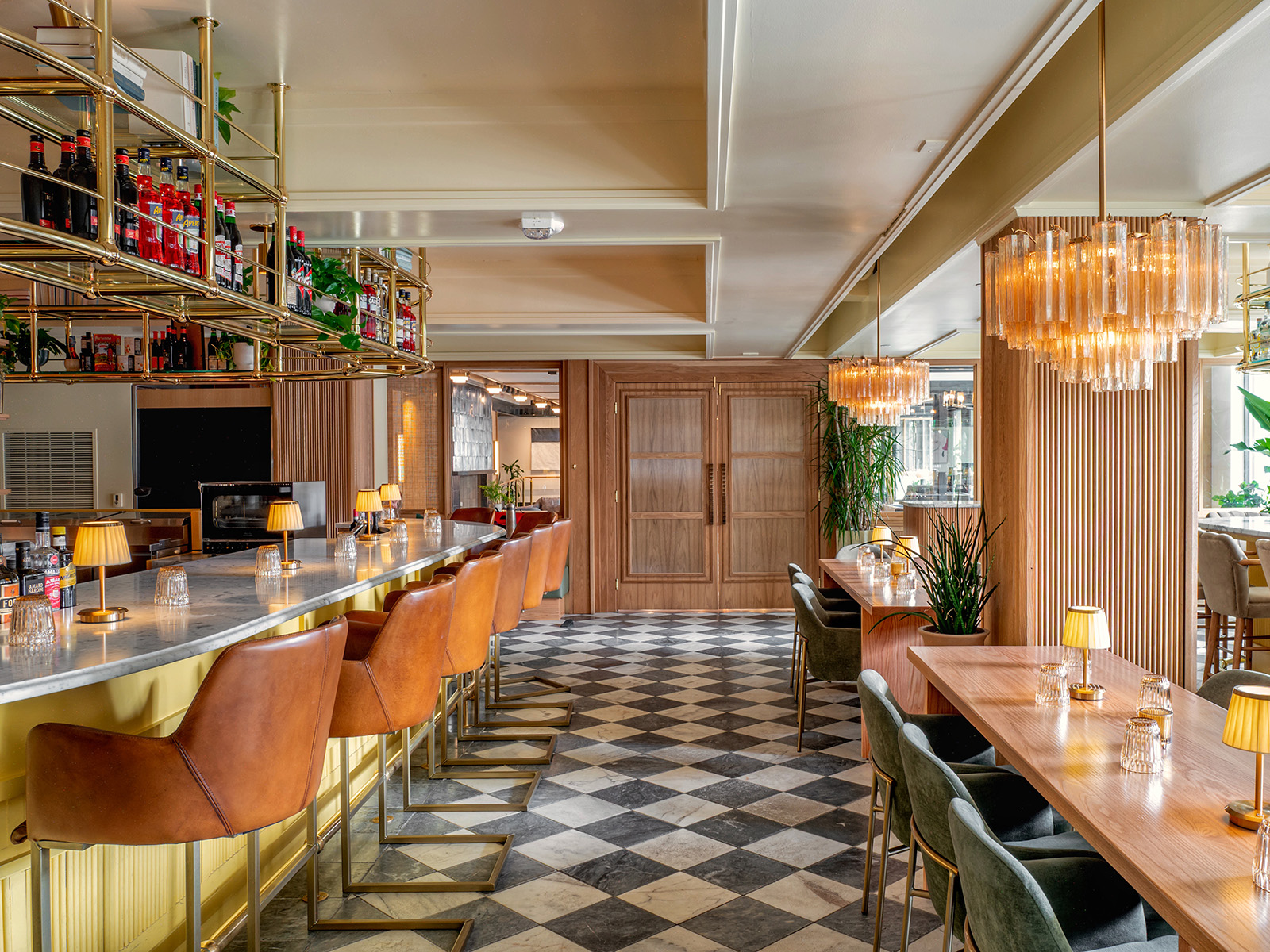 Restaurant entryway with checkered flooring