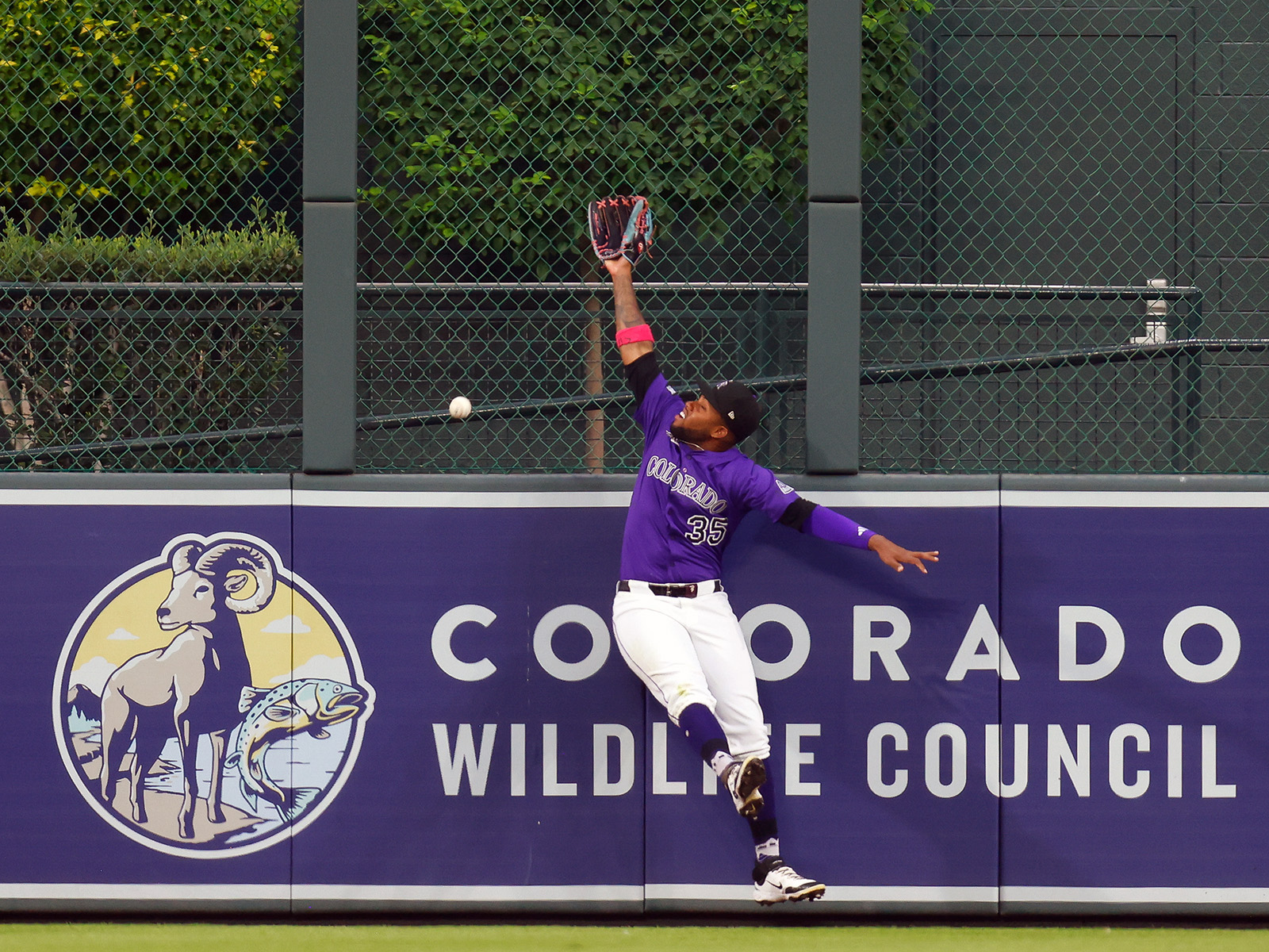Yanquiel Fernandez of the Colorado Rockies leaps at the wall