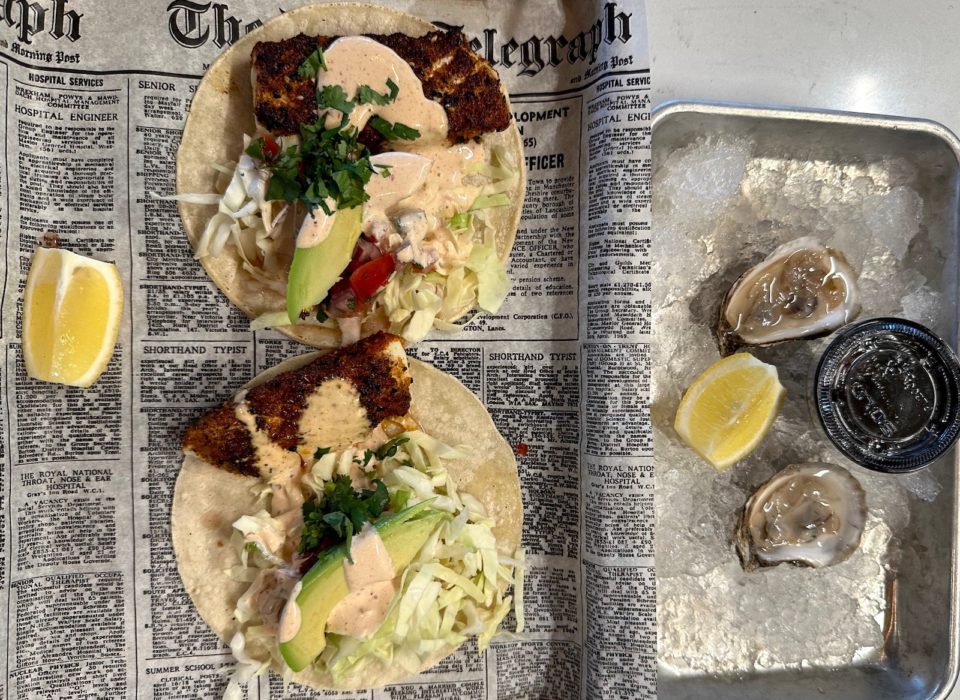 Two halibut tacos topped with avocado, lettuce, and crema accompanied by two half-shell oysters