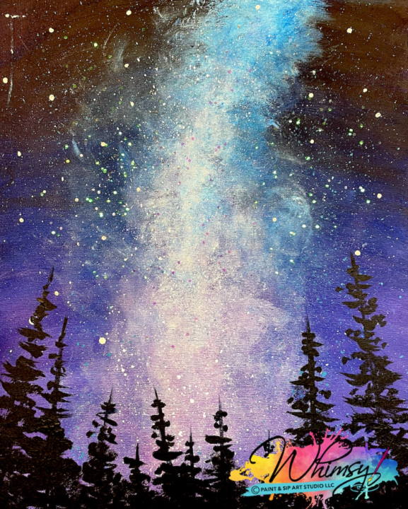 A painting of a starry night in the woods