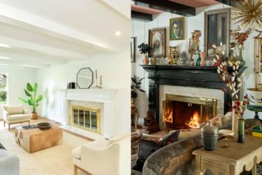 On the left, a stark white living room with a fireplace and white furniture. On the right, the same living room adorned with art, a black fireplace, black exposed beams, and a light brown ceiling.