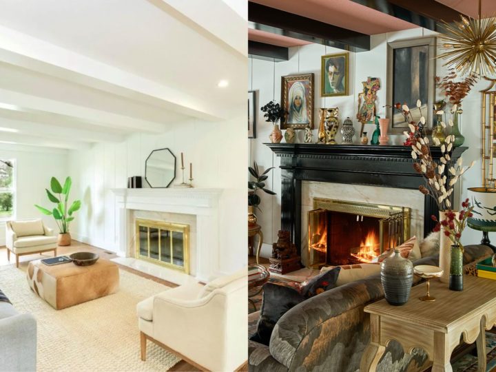 On the left, a stark white living room with a fireplace and white furniture. On the right, the same living room adorned with art, a black fireplace, black exposed beams, and a light brown ceiling.