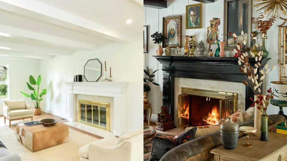 On the left, a stark white living room with a fireplace and white furniture. On the right, the same living room adorned with art, a black fireplace, black exposed beams, and a light brown ceiling.