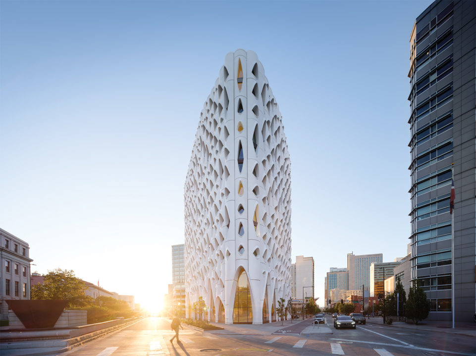 Populus Hotel exterior at sunrise