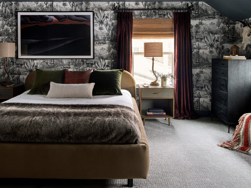 Primary bedroom with black-and-white desert wallpaper