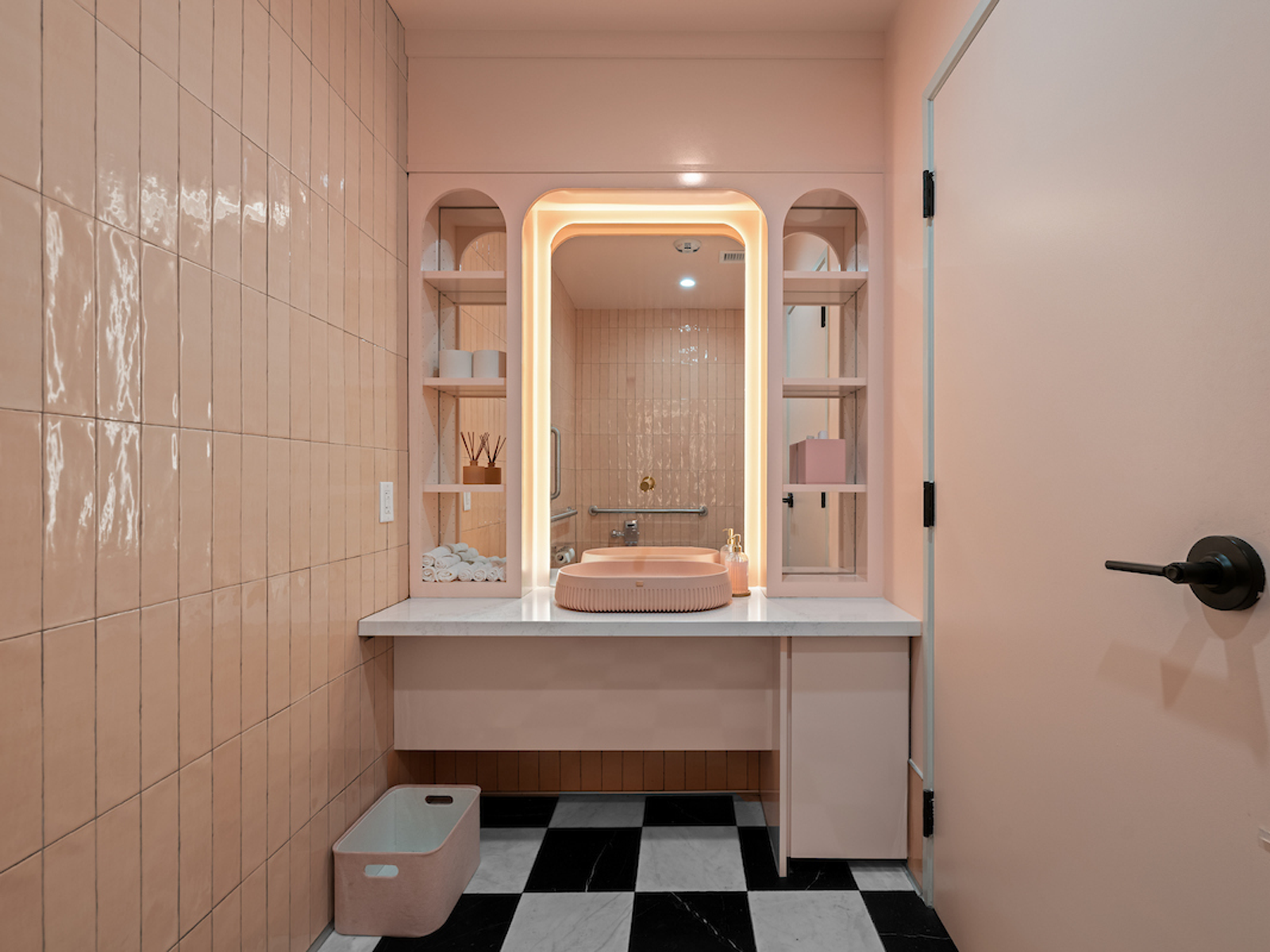 Restaurant Emilia's whimsical blush pink bathroom