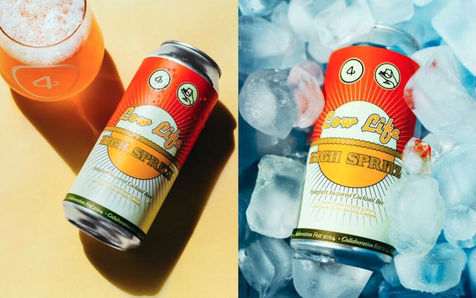 Composite photo with a can of Lady Justice beer and a beer glass on the left and an identical can nestled in ice on the right