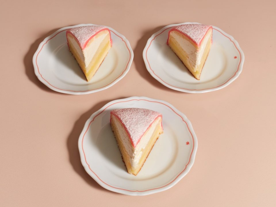 Three plates holding identical slices of pink, white, and yellow cake.