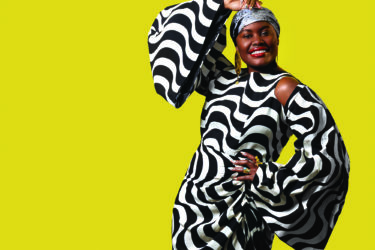 Koya Nyangi wears a dress by Senegal’s Tongoro and earrings by Kenya’s Shiko Onyango