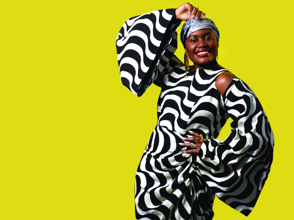 Koya Nyangi wears a dress by Senegal’s Tongoro and earrings by Kenya’s Shiko Onyango