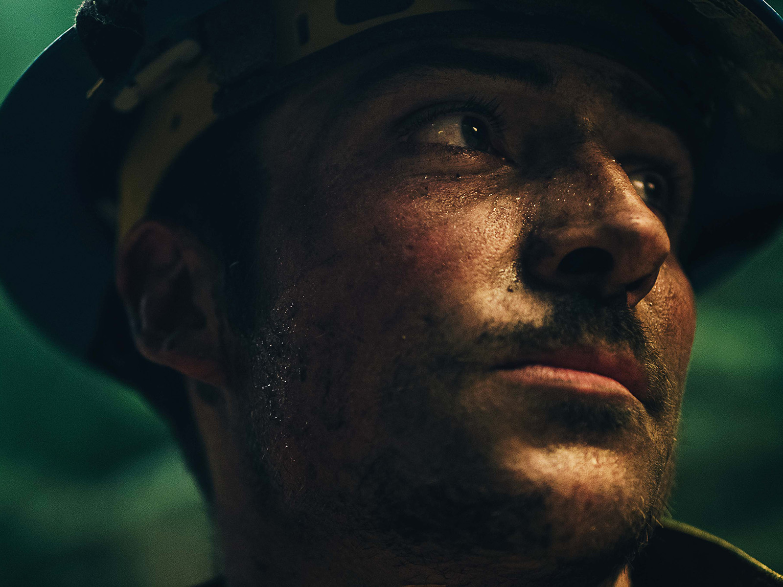 Up-close shot of a wildland fireman's face