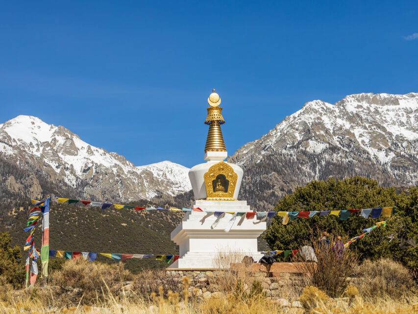 A stupa in front of the Sangre de Cristo mountains