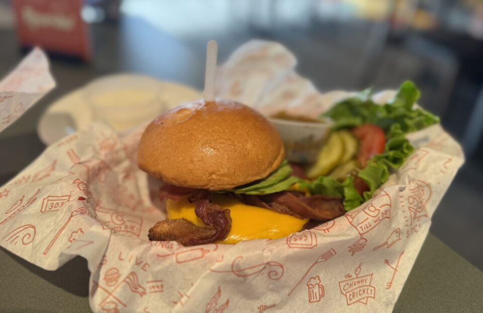 Cheeseburger with bacon and avocado in a basket with a paper liner with sides of pickles, tomato, and lettuce