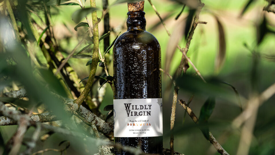 A bottle of Wildly Virgin extra-virgin olive oil in an olive tree
