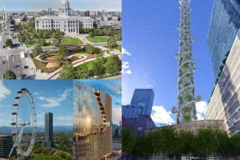 A proposed pedestrian bridge, observation tower, apartment building, and Ferris wheel in Denver