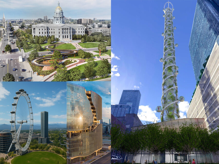 A proposed pedestrian bridge, observation tower, apartment building, and Ferris wheel in Denver