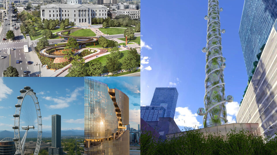 A proposed pedestrian bridge, observation tower, apartment building, and Ferris wheel in Denver
