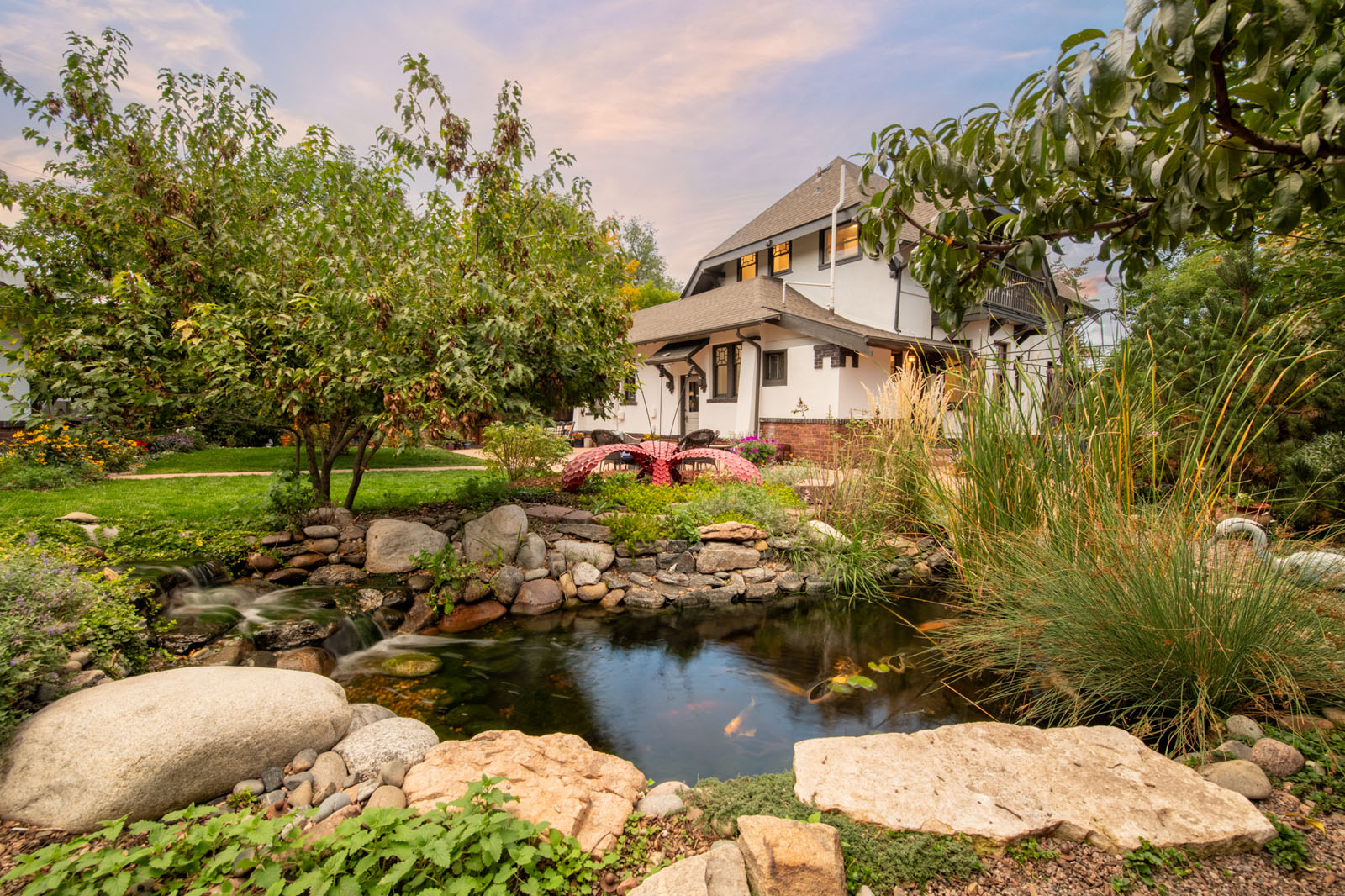 Backyard with a koi pond