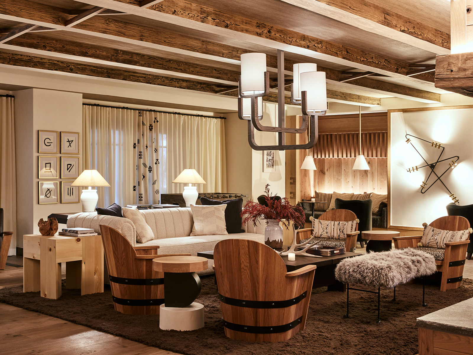 Seating area with lamps, wood furniture, and comfy seating