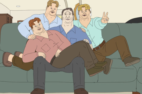 Three sons and a father lay on a couch, animated