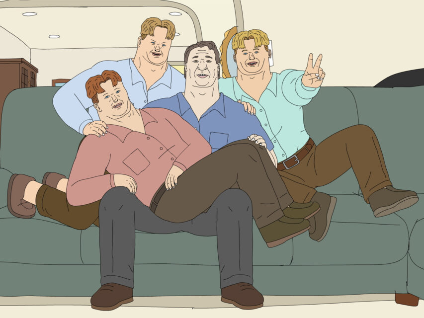 Three sons and a father lay on a couch, animated