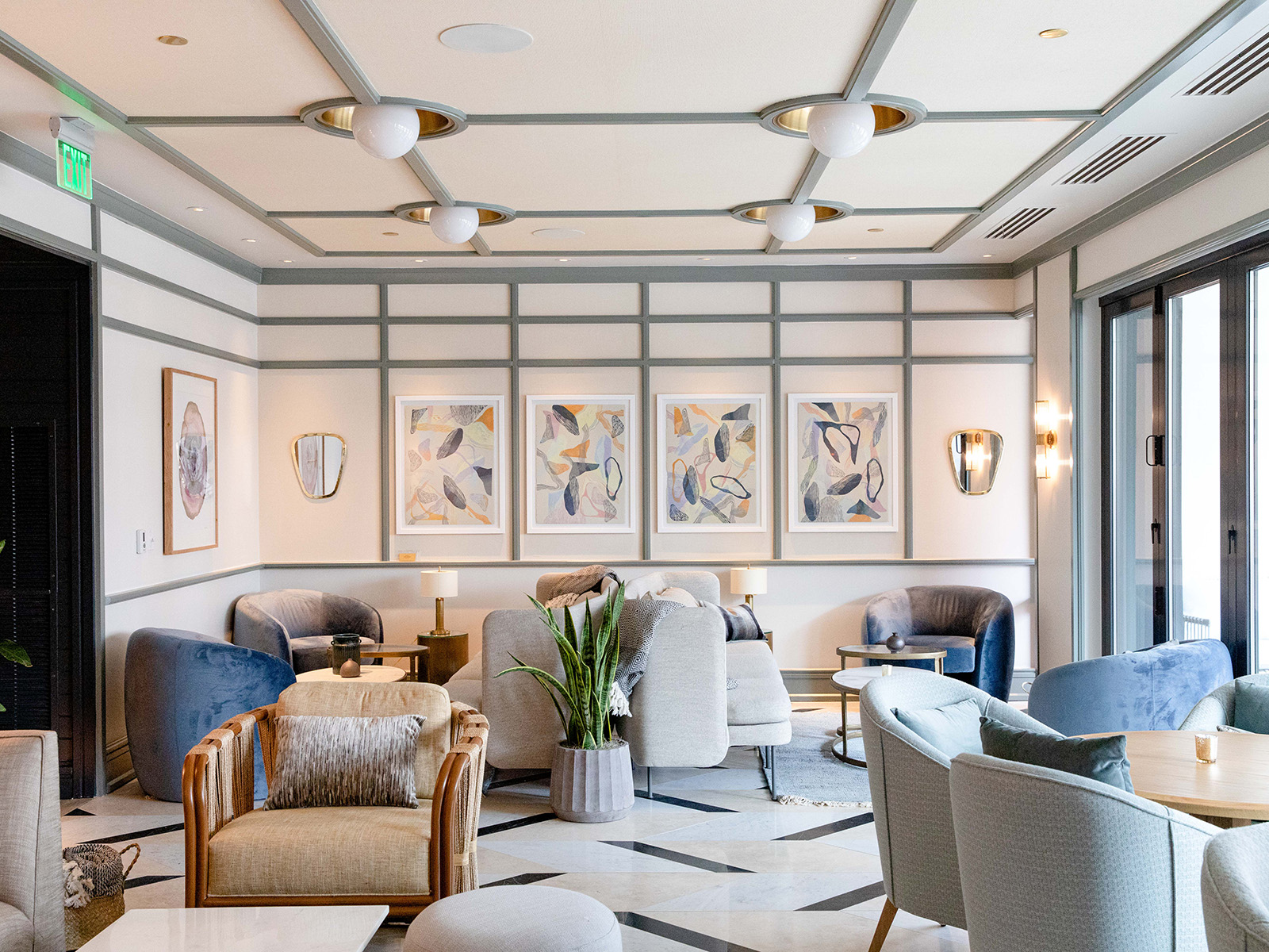 Gray, white, and blue lounge