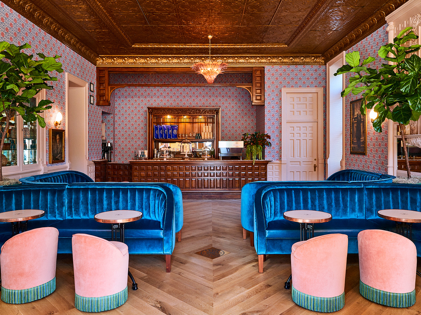 coffee shop with blue velvet couches